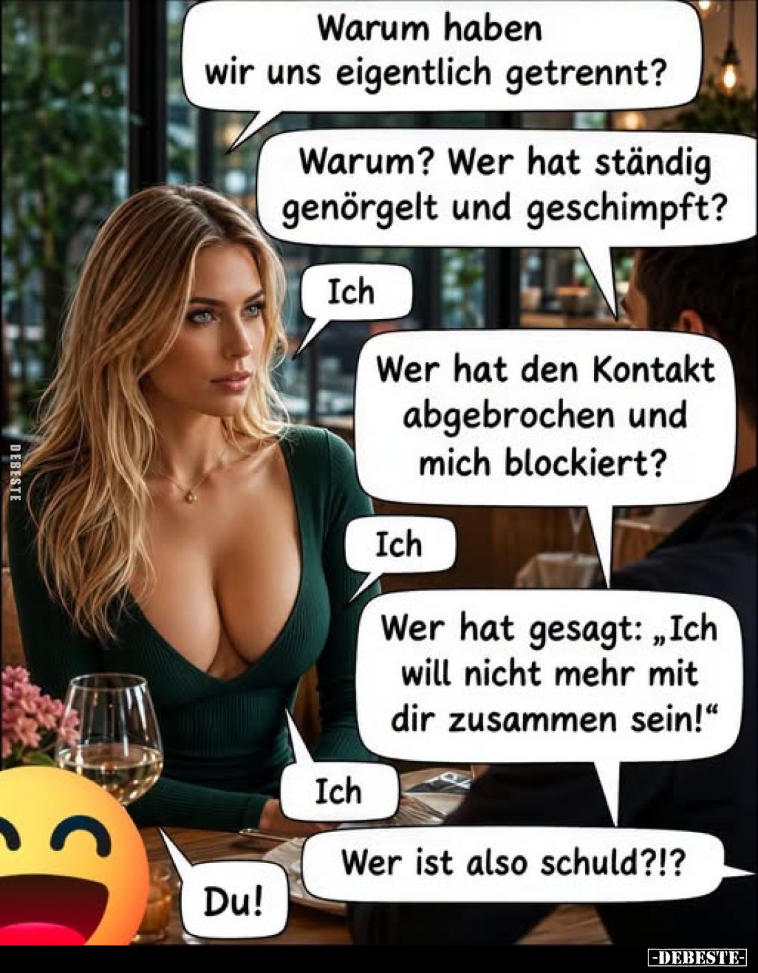 Warum haben wir uns eigentlich getrennt?
-
Warum? Wer hat ständig genörgelt und geschimpft?
-
Ich
-
Wer hat den Kontakt...