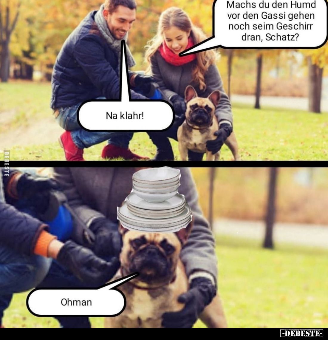 Machs du den Hund vor den Gassi gehen noch seim Geschirr dran, Schatz? -
Na klar! -
Ohman.