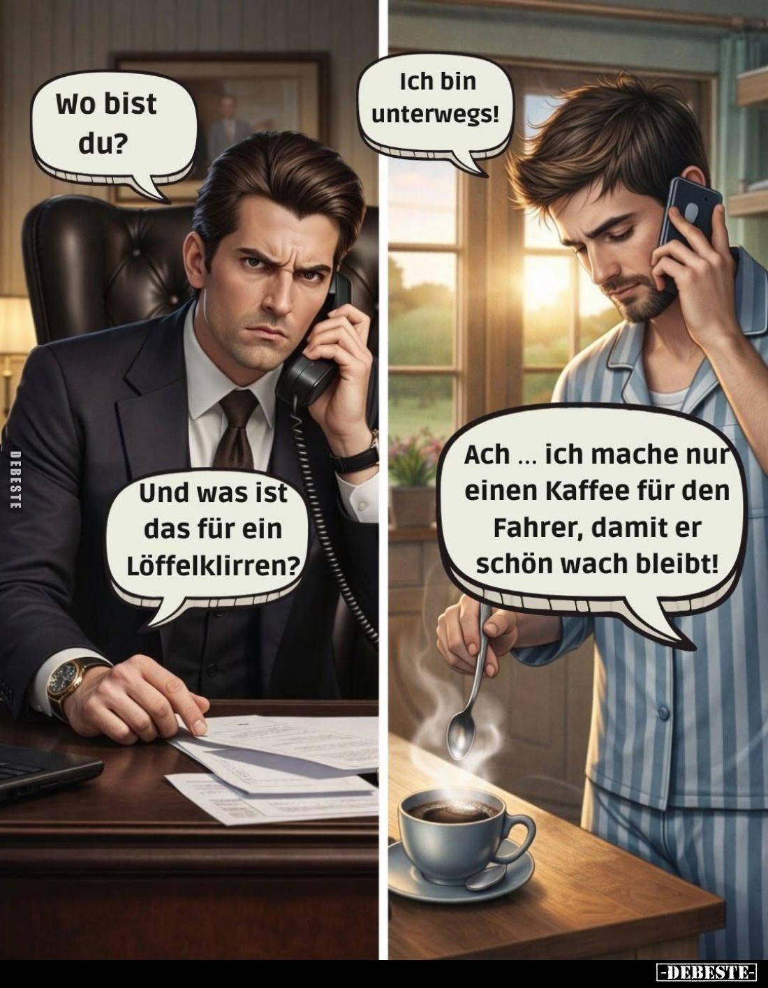Wo bist du? -
Und was ist das für ein Löffelklirren? -
Ich bin unterwegs! -
Ach ... ich mache nur einen Kaffee für den Fah...