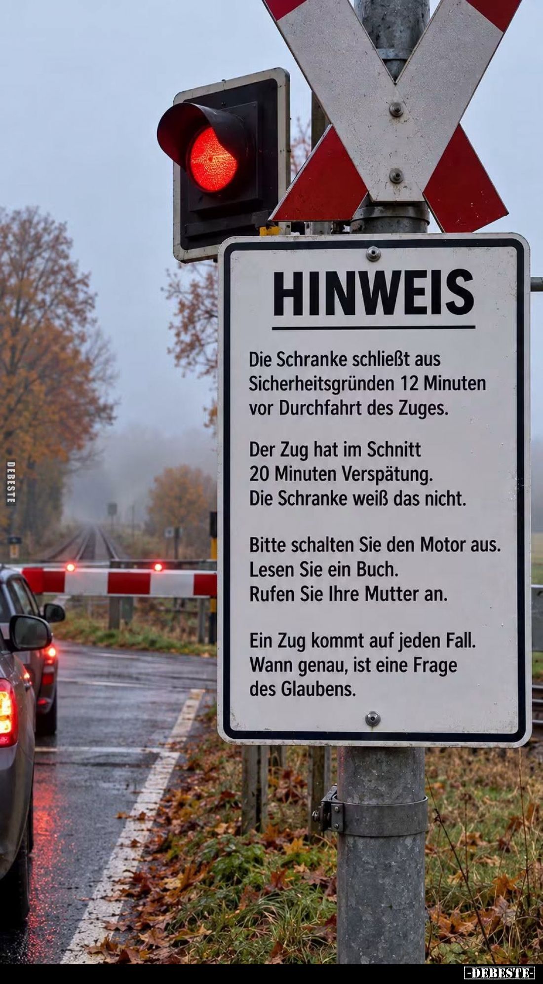 Die Schranke schließt aus Sicherheitsgründen 12 Minuten vor Durchfahrt des Zuges.
Der Zug hat im Schnitt 20 Minuten Verspätu...