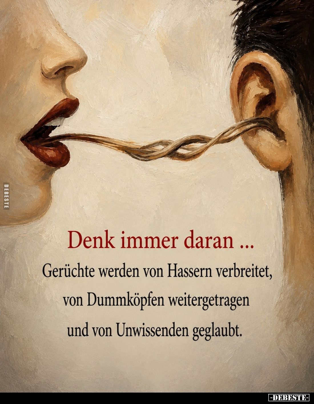 Denk immer daran...
Gerüchte werden von Hassern verbreitet, von Dummköpfen weitergetragen und von Unwissenden geglaubt.