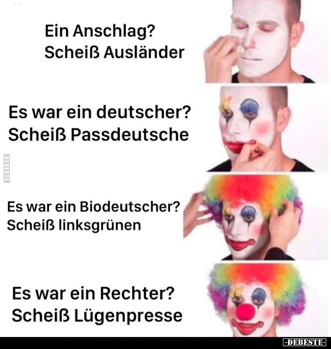 Ein Anschlag? Scheiß Ausländer. -
Es war ein deutscher? Scheiß Passdeutsche. -
Es war ein Biodeutscher? Scheiß linksgrünen....