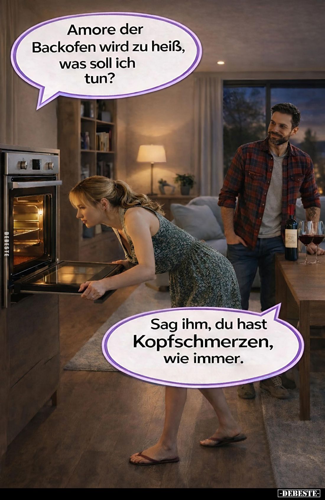 Amore der Backofen wird zu heiß, was soll ich tun?
-
Sag ihm, du hast Kopfschmerzen, wie immer.