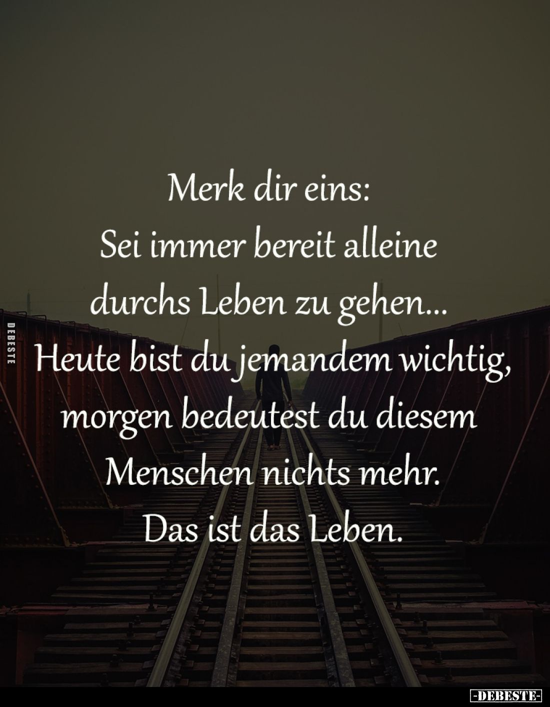 Merk dir eins: 
Sei immer bereit alleine 
durchs Leben zu gehen... 
Heute bist du jemandem wichtig,
morgen bedeutest du d...