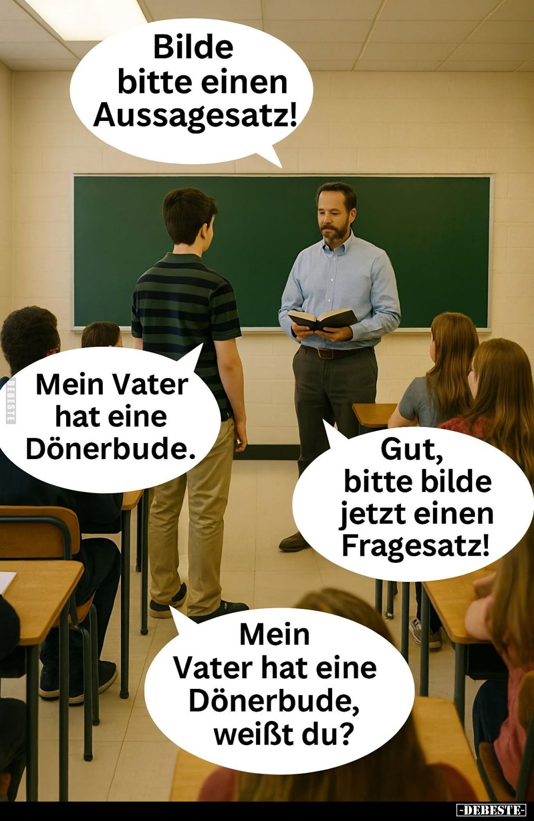 Bilde bitte einen Aussagesatz! -
Mein Vater hat eine Dönerbude. -
Gut, bitte bilde jetzt einen Fragesatz! -
Mein Vater hat...