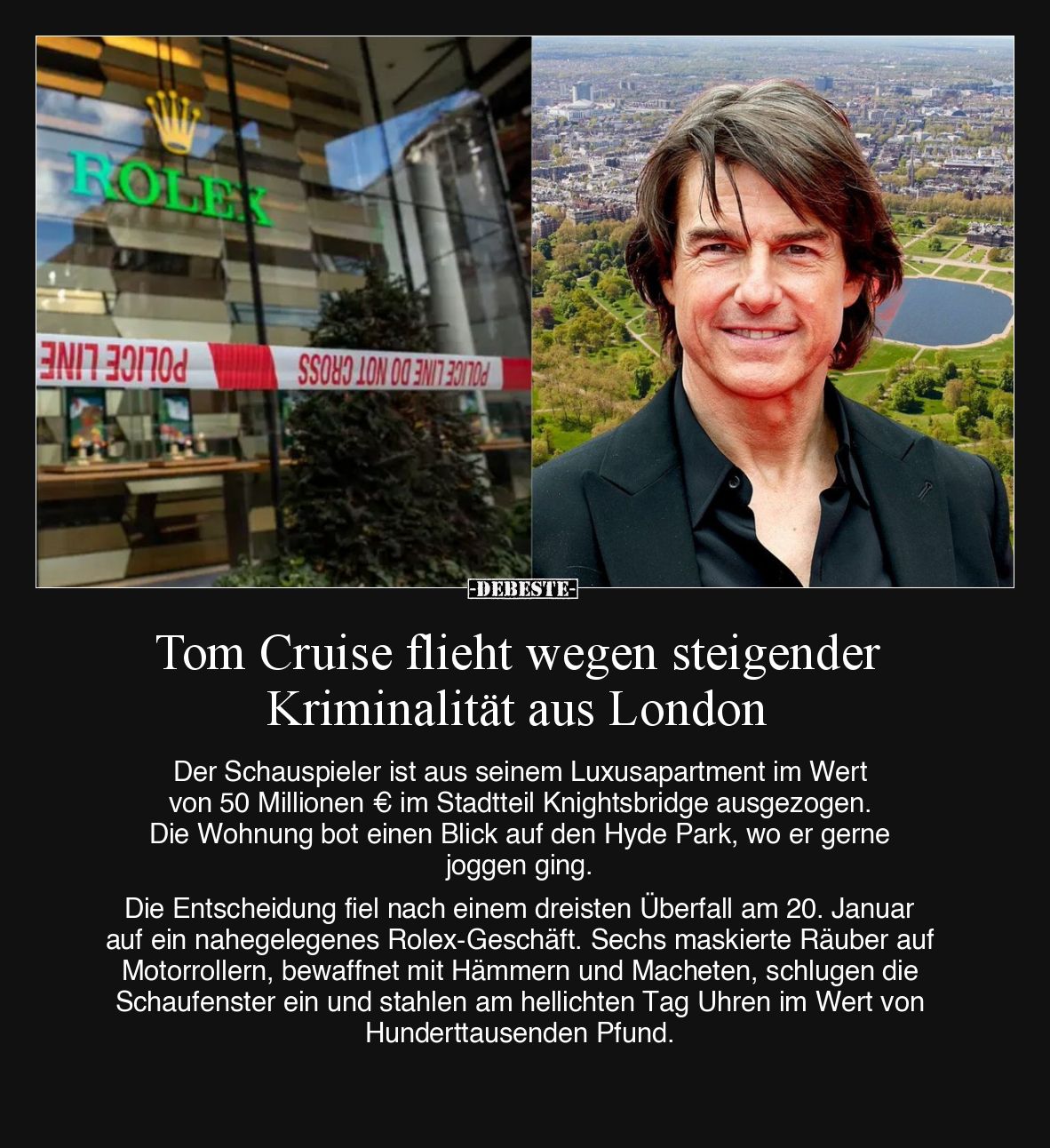 Tom Cruise flieht wegen steigender Kriminalität aus London.
Der Schauspieler ist aus seinem Luxusapartment im Wert von 170...