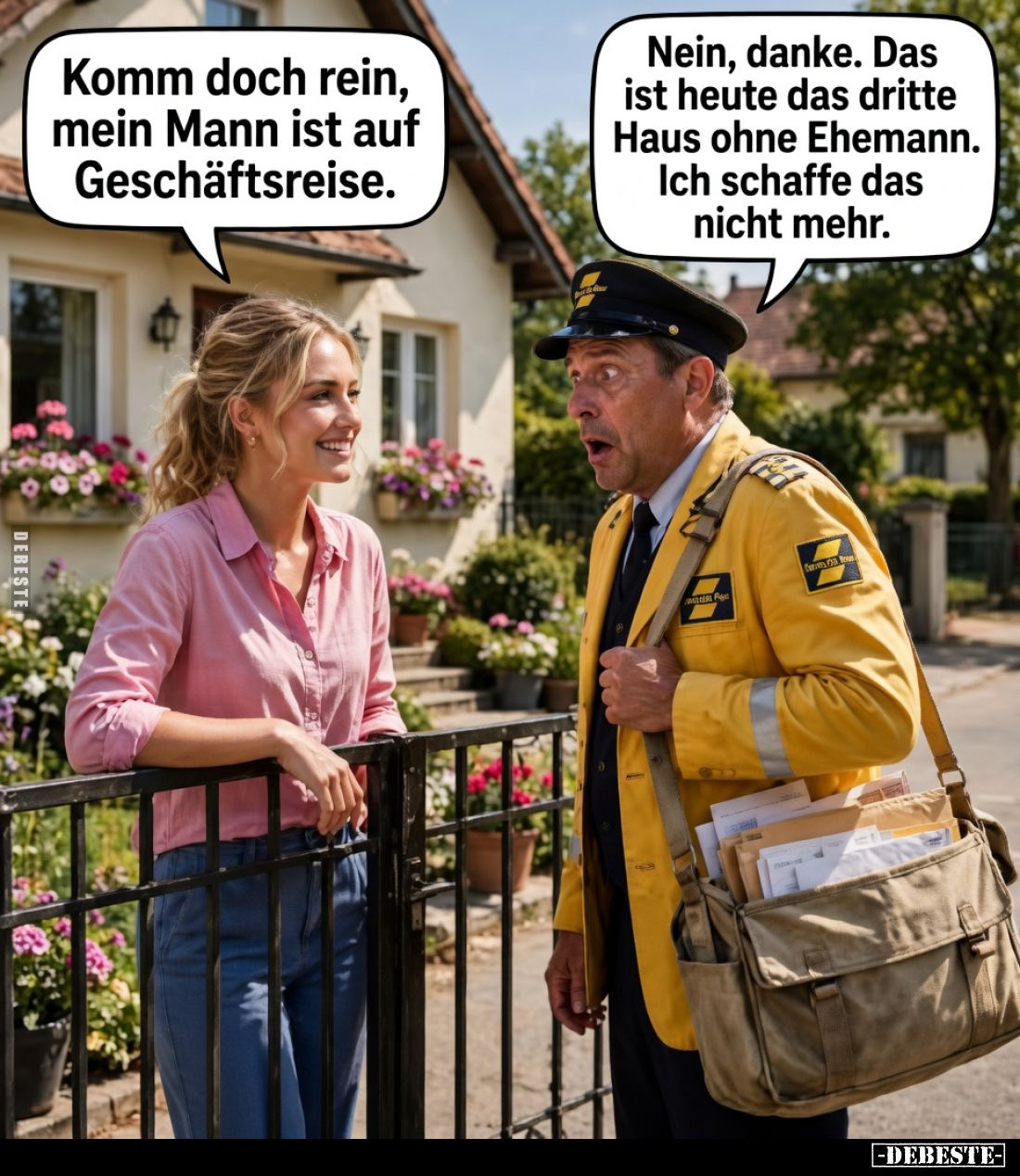Komm doch rein, mein Mann ist auf Geschäftsreise.
Nein, danke. Das ist heute das dritte Haus ohne Ehemann. Ich schaffe das n...