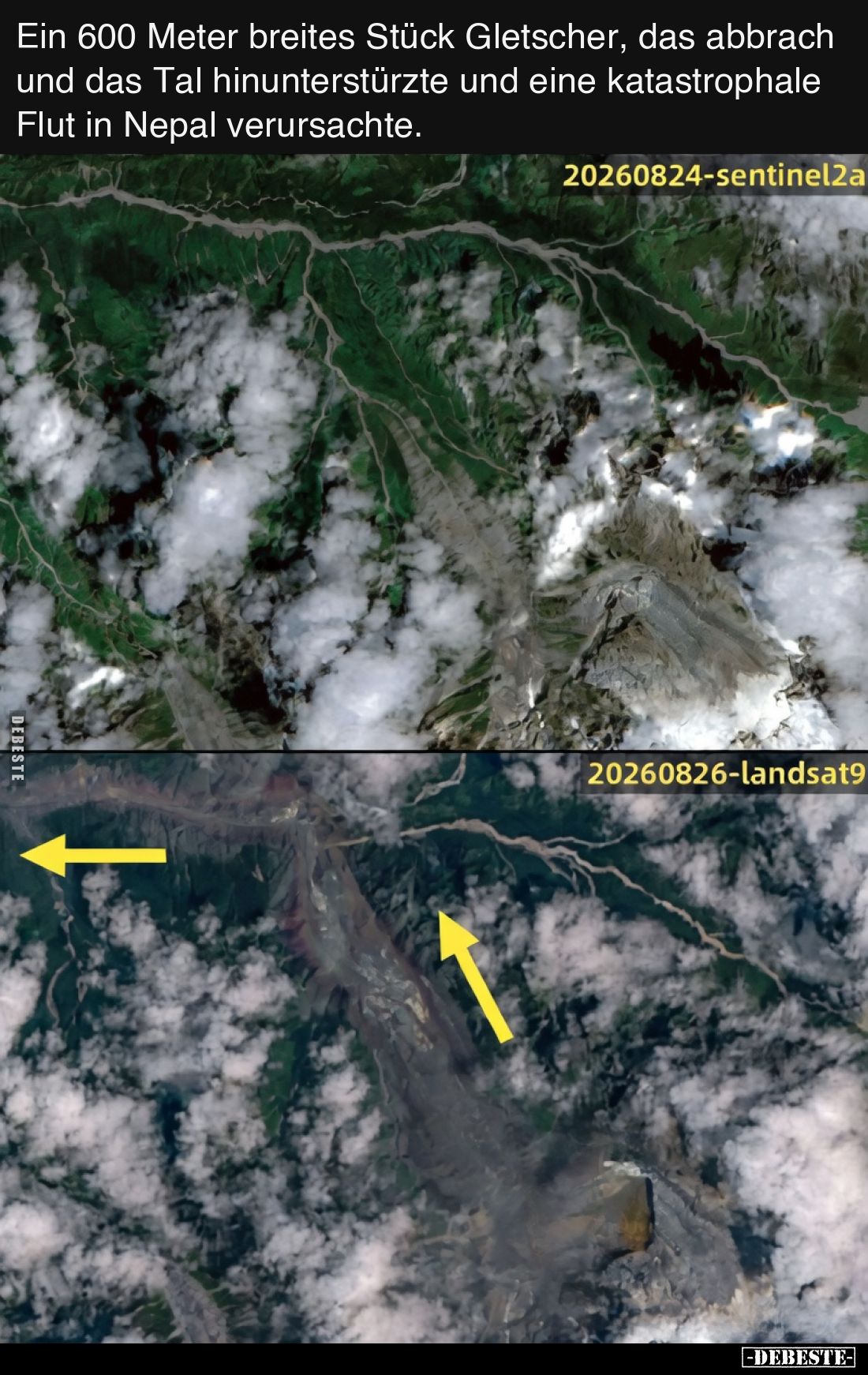 Ein 600 Meter breites Stück Gletscher, das abbrach und das Tal hinunterstürzte und eine katastrophale Flut in Nepal verursach...