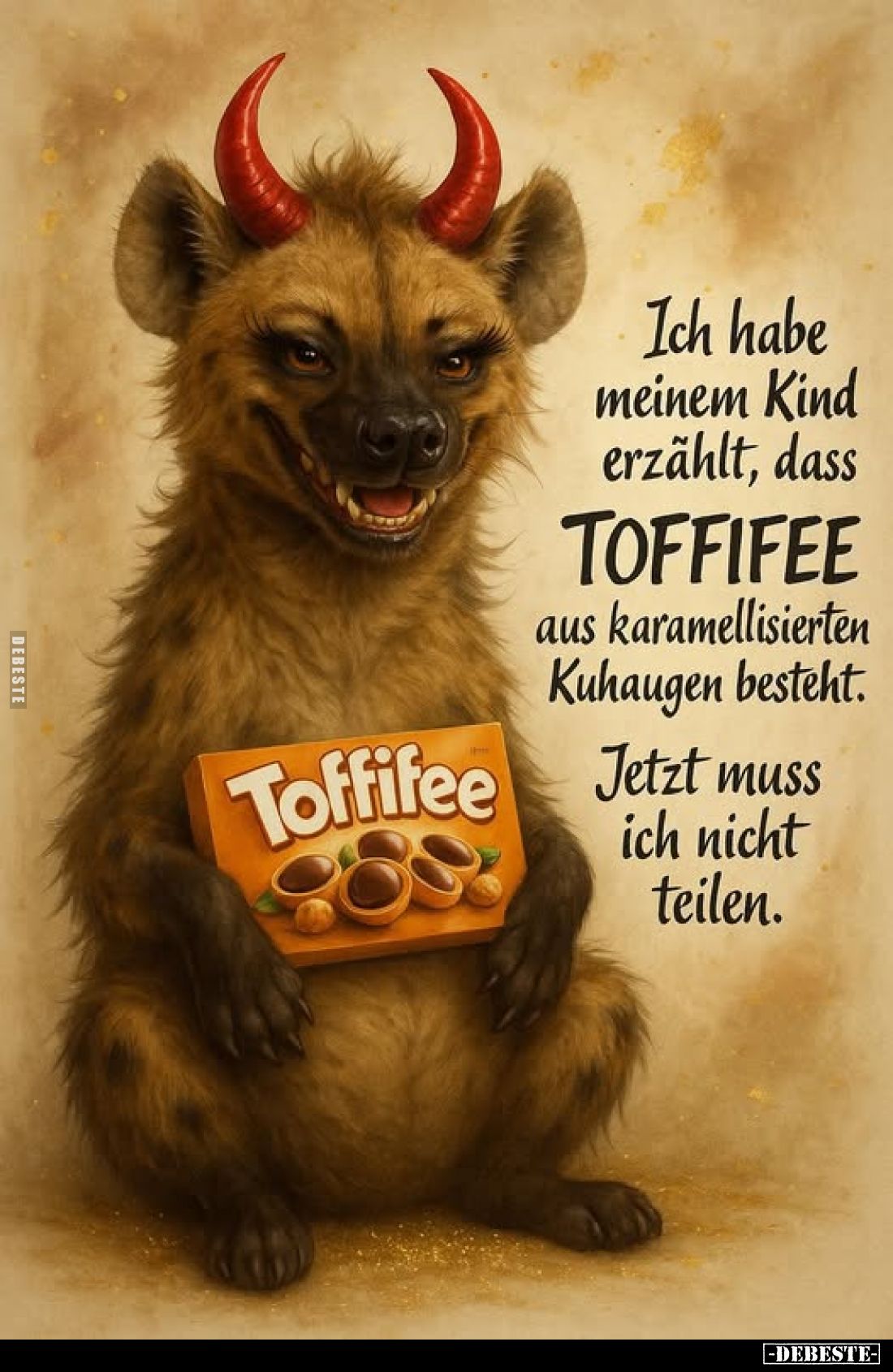 Ich habe meinem Kind erzählt, dass
TOFFIFEE aus karamellisierten Kuhaugen besteht.
Jetzt muss ich nicht teilen.