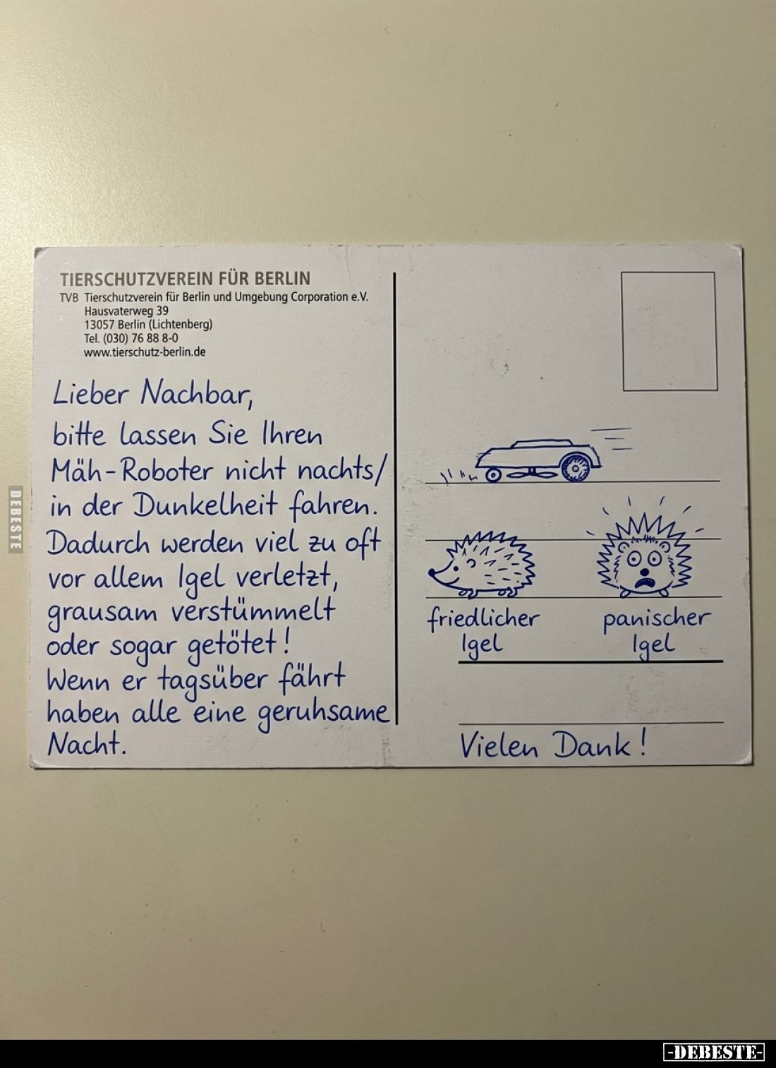Lieber Nachbar,
bitte lassen Sie Ihren Mäh-Roboter nicht nachts/ in der Dunkelheit fahren.
Dadurch werden viel zu oft vor a...