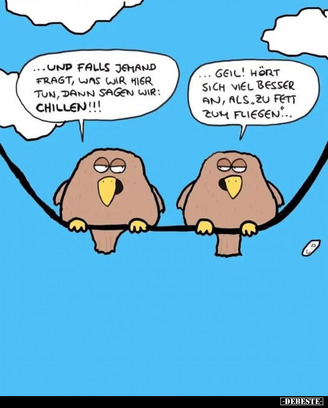 … Und falls jemand fragt, was wir hier tun, dann sagen wir: Chillen!!!
… Geil! Hört sich viel besser an, als zu fett zum Fli...