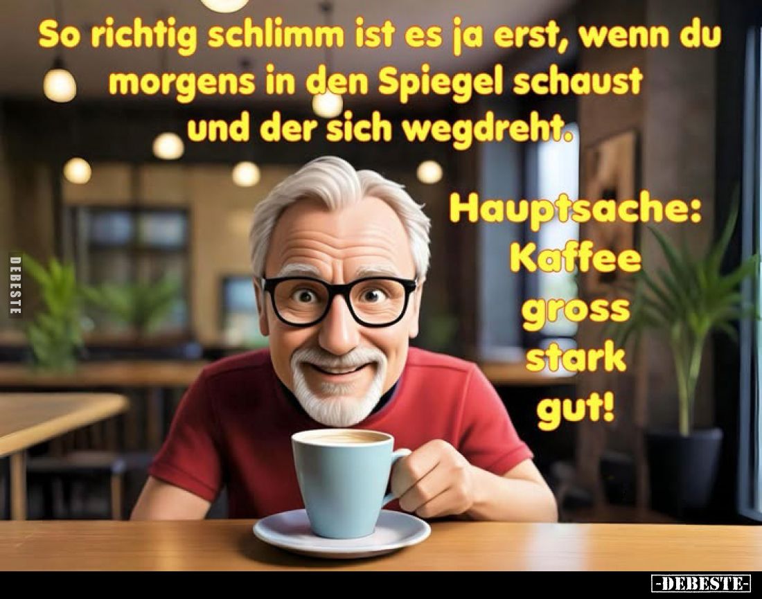 So richtig schlimm ist es ja erst, wenn du morgens in den Spiegel schaust und der sich wegdreht.
Hauptsache: Kaffee gross st...