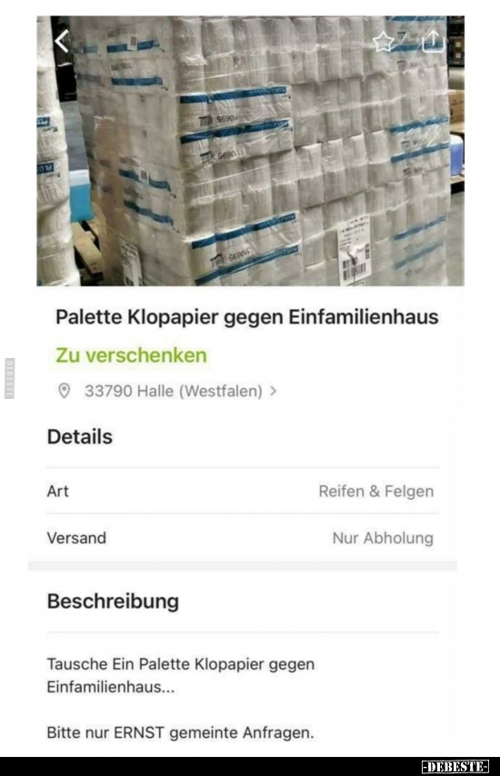 Palette Klopapier gegen Einfamilienhaus.. - Lustige Bilder | DEBESTE.de