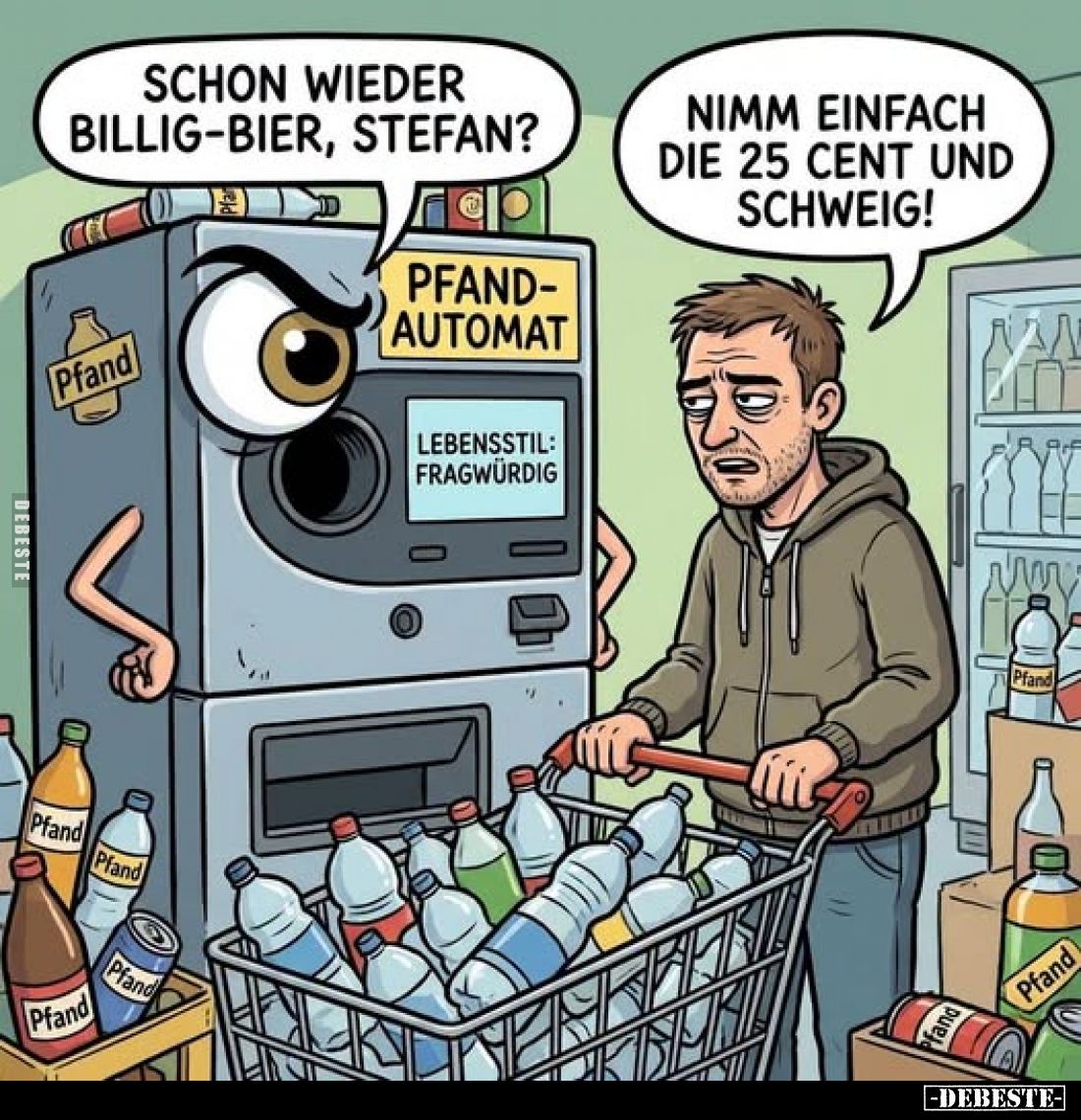 Schon wieder billig-Bier, Stefan?
Nimm einfach die 25 Cent und schweig!
