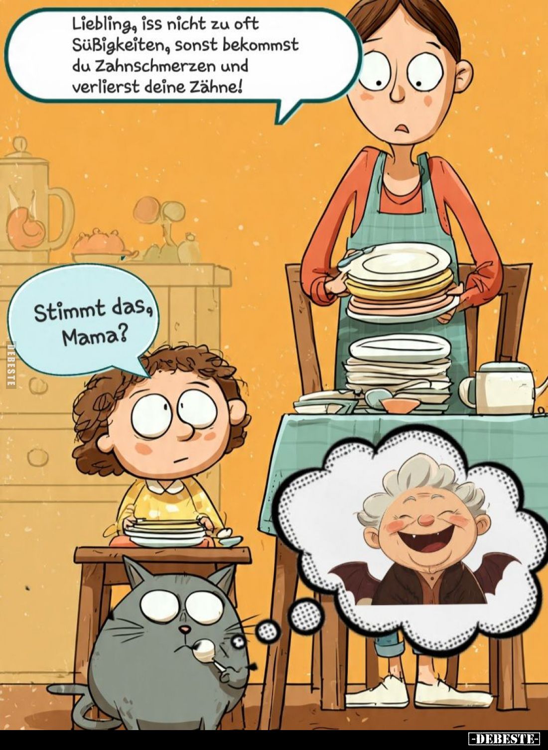 Liebling, iss nicht zu oft Süßigkeiten, sonst bekommst du Zahnschmerzen und verlierst deine Zähne! -
Stimmt das, Mama?