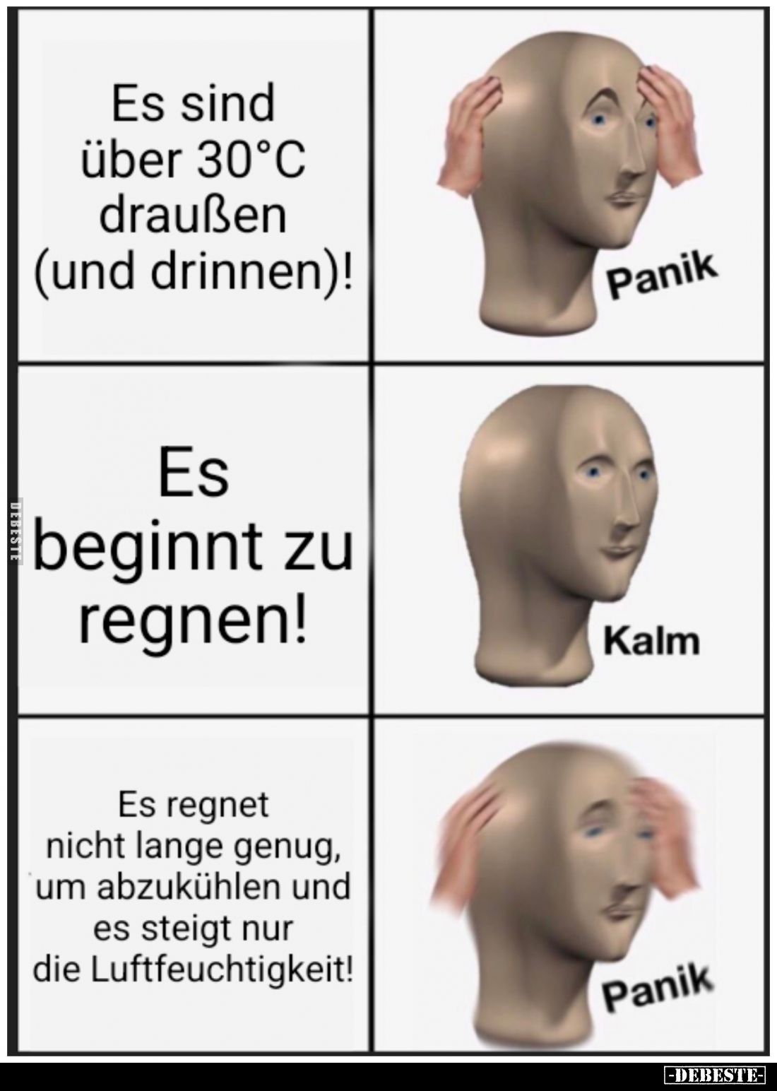 Es sind über 30°C draußen (und drinnen)! - Panik.

Es beginnt zu regnen! - Kalm.

Es regnet nicht lange genug, um abzuküh...