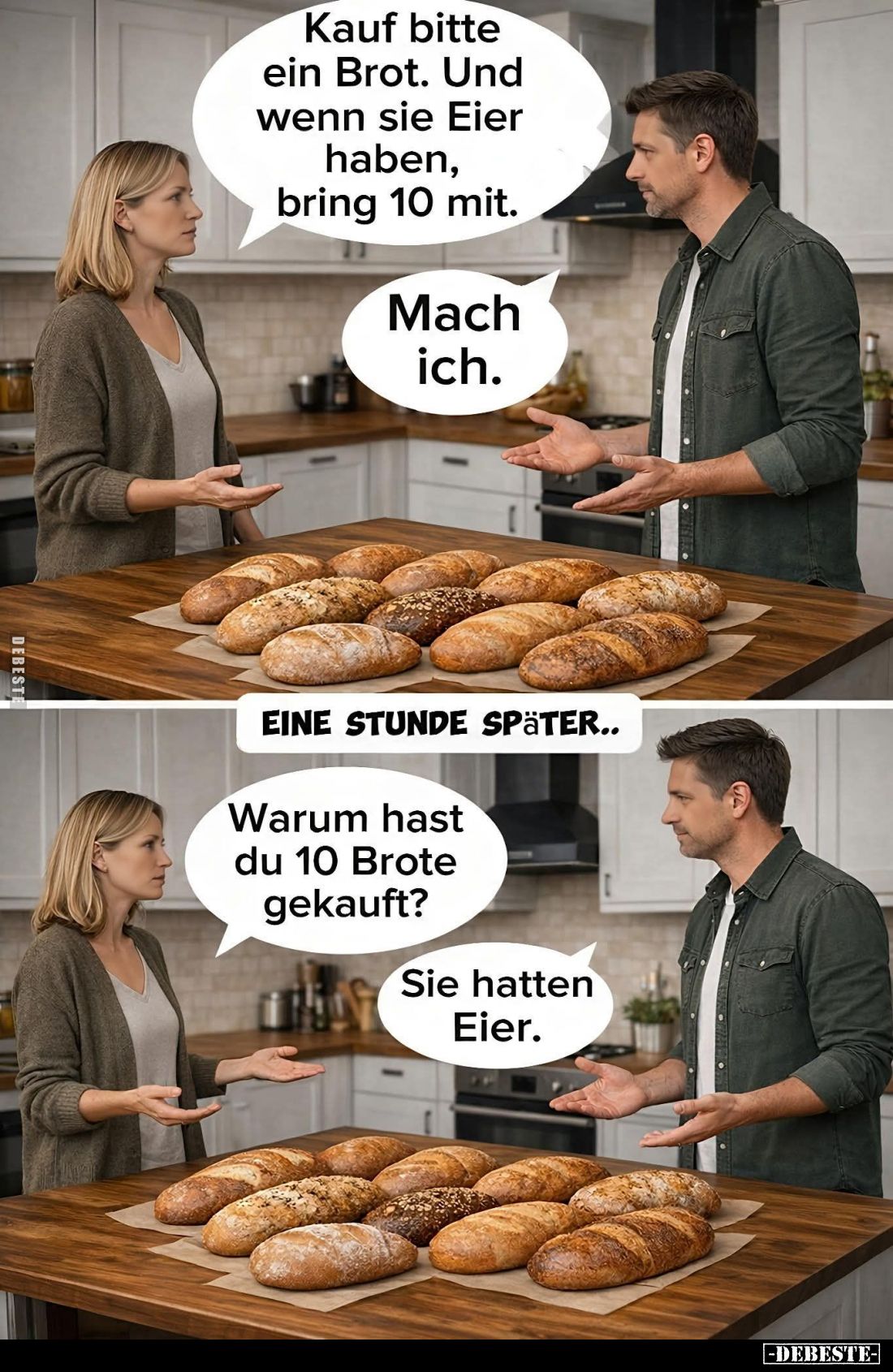 Kauf bitte ein Brot. Und wenn sie Eier haben, bring 10 mit. -
Mach ich. -
EINE STUNDE SPÄTER.. -
Warum hast du 10 Brote ge...