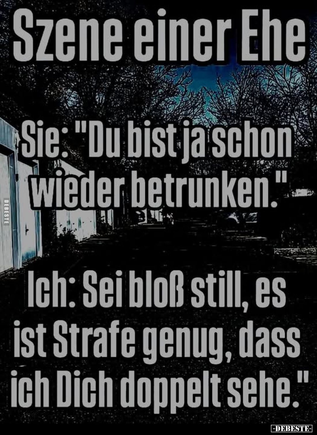 Szene einer Ehe
-
Sie: "Du bist ja schon wieder betrunken."
Ich: Sei bloß still, es ist Strafe genug, dass ich D...