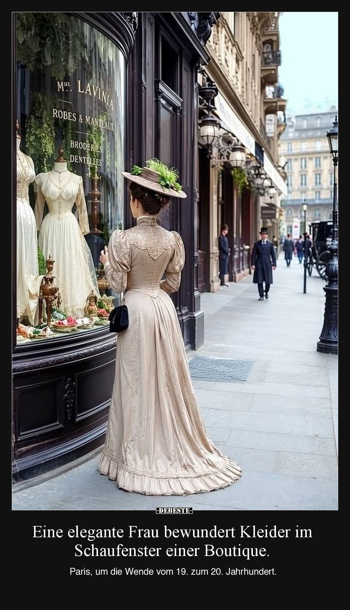 Eine elegante Frau bewundert Kleider im Schaufenster einer Boutique.

Paris, um die Wende vom 19. zum 20. Jahrhundert.