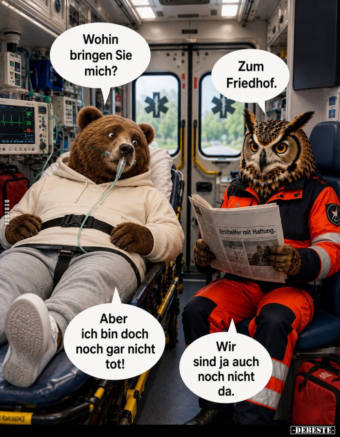 Wohin bringen Sie mich?
-
Zum Friedhof. - Aber ich bin doch noch gar nicht tot! -
Wir sind ja auch noch nicht da.