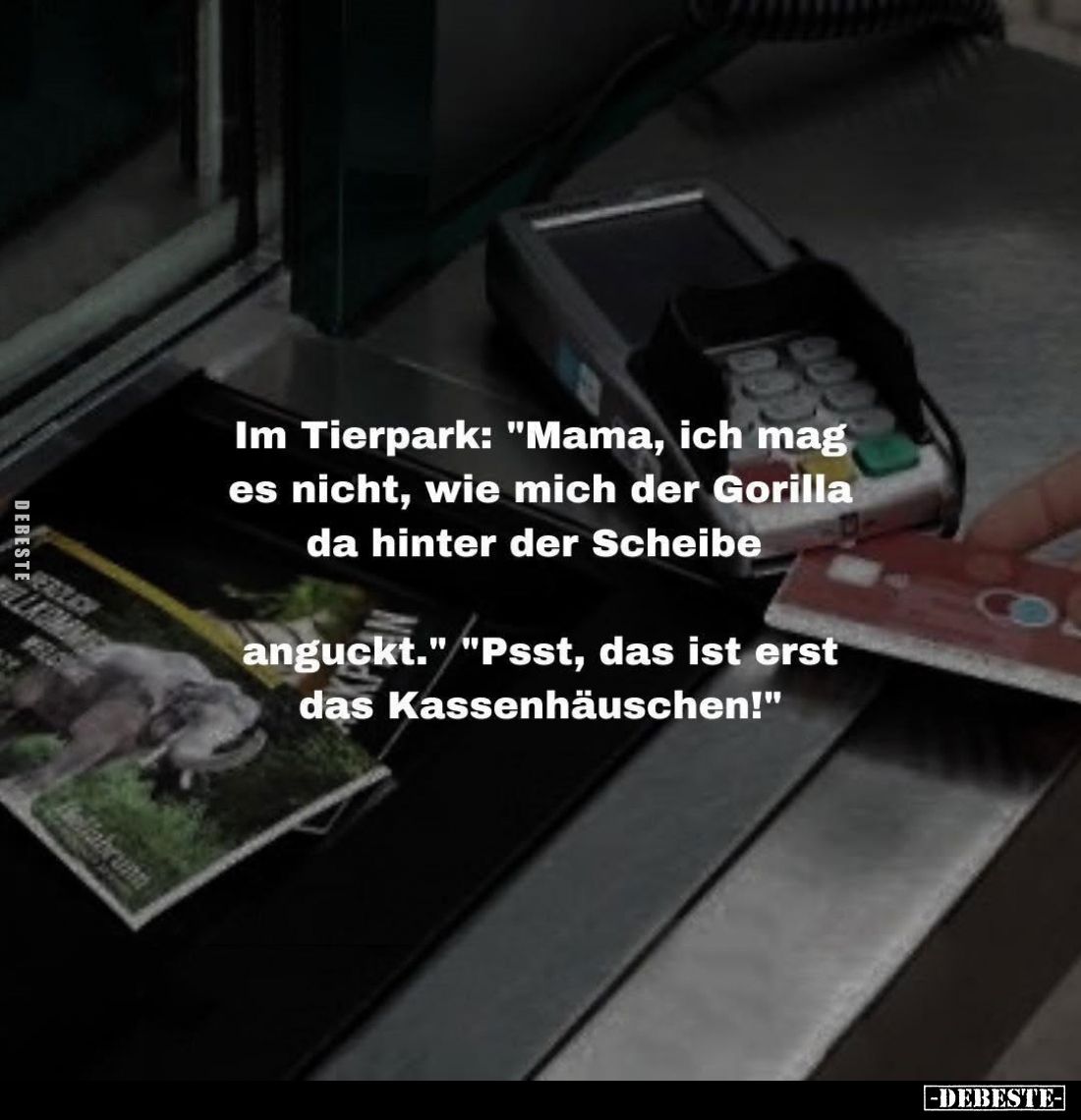 Im Tierpark: "Mama, ich mag es nicht, wie mich der Gorilla da hinter der Scheibe anguckt." - "Psst, das ist er...