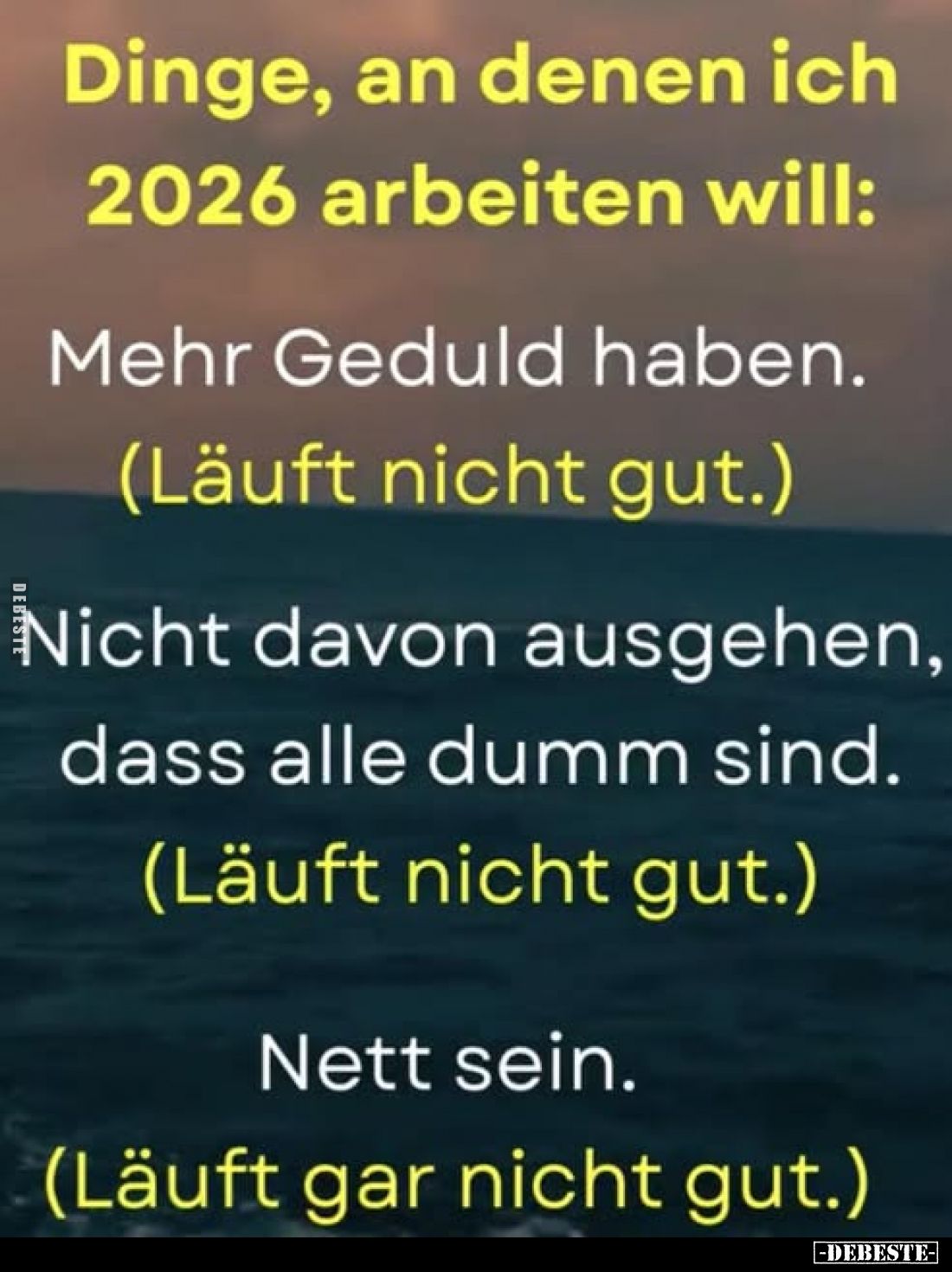 Dinge, an denen ich 2026 arbeiten will:
Mehr Geduld haben. (Läuft nicht gut.)
Nicht davon ausgehen, dass alle dumm sind. (L...