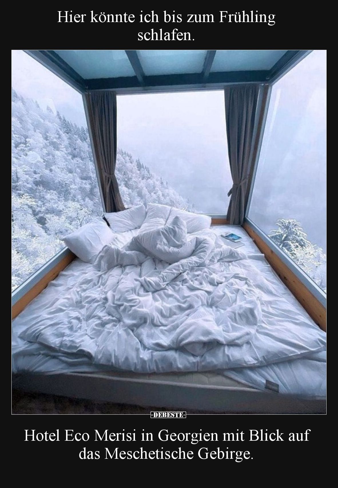 Hier könnte ich bis zum Frühling schlafen.
Hotel Eco Merisi in Georgien mit Blick auf das Meschetische Gebirge.