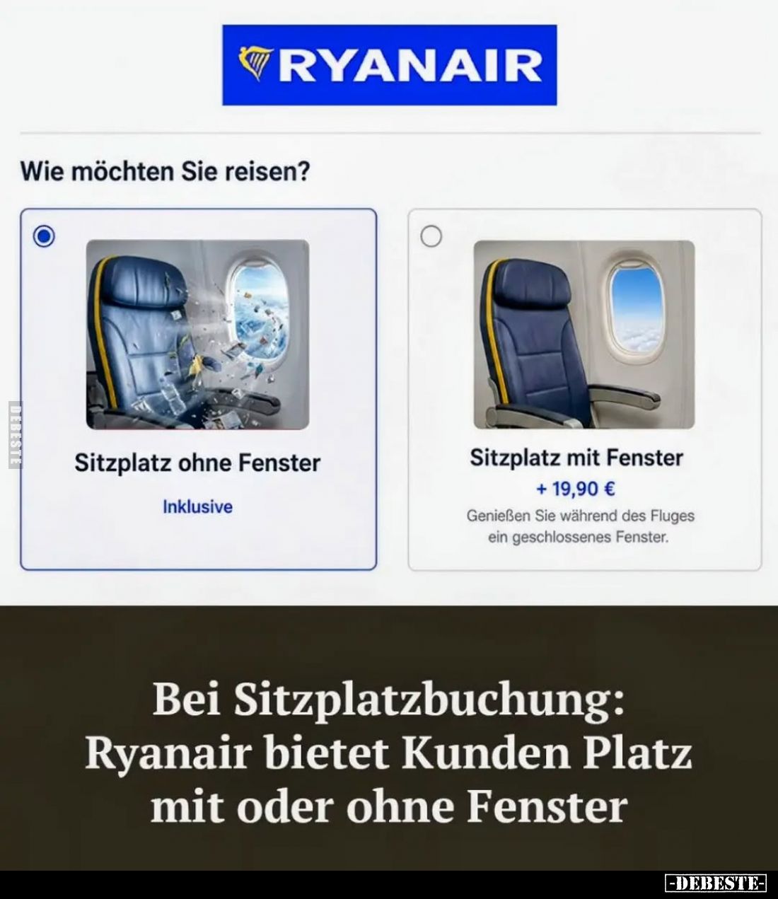 Bei Sitzplatzbuchung: Ryanair bietet Kunden Platz mit oder ohne Fenster