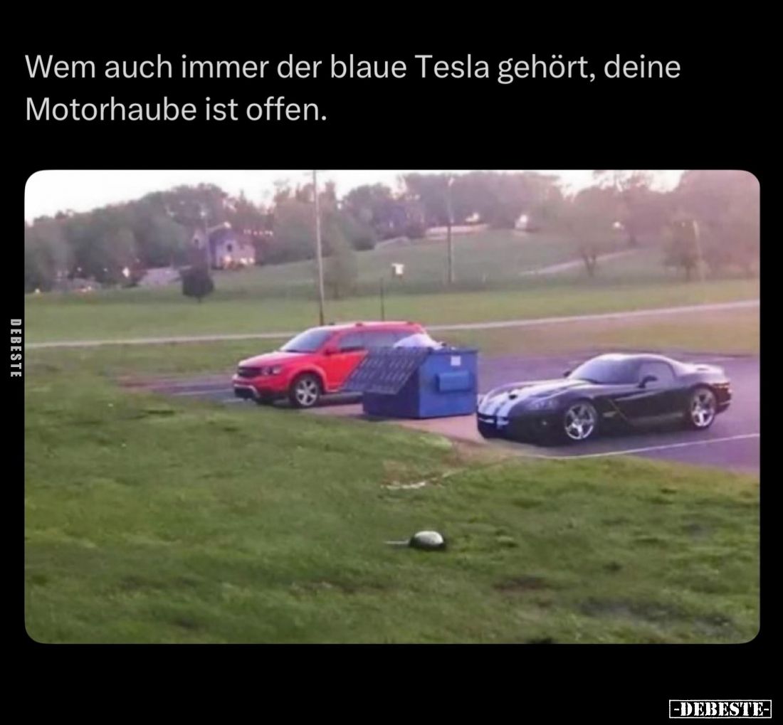 Wem auch immer der blaue Tesla gehört, deine Motorhaube ist offen.