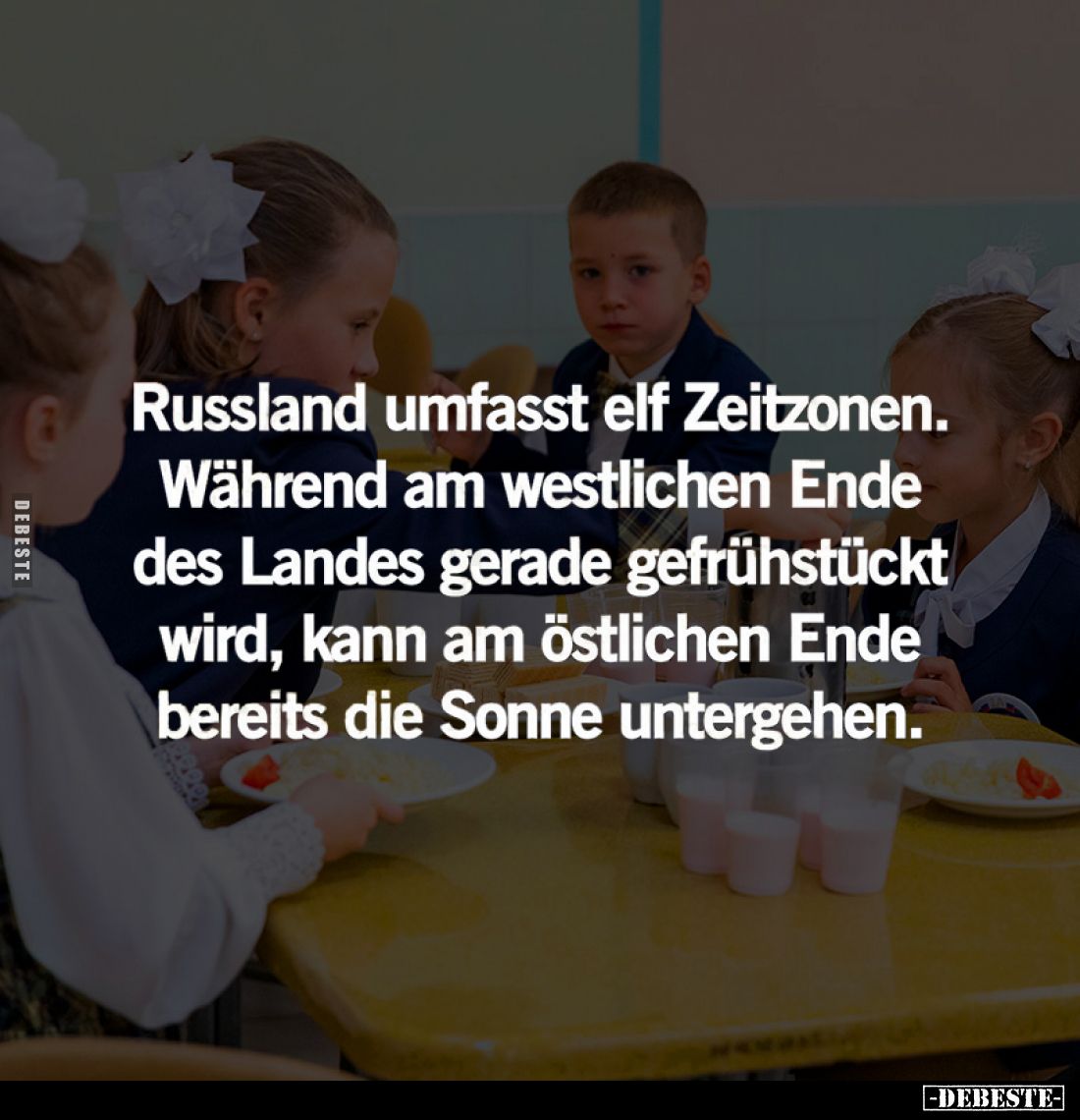 Russland umfasst elf Zeitzonen.
Während am westlichen Ende des Landes gerade gefrühstückt wird, kann am östlichen Ende berei...