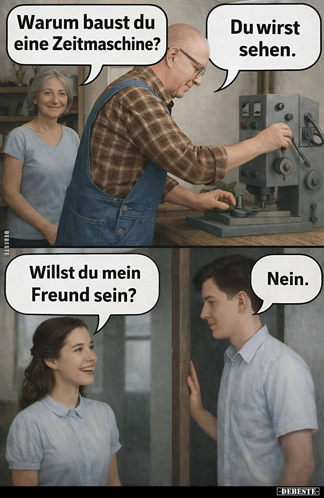 Warum baust du eine Zeitmaschine? -
Du wirst sehen. -
Willst du mein Freund sein? -
Nein.
