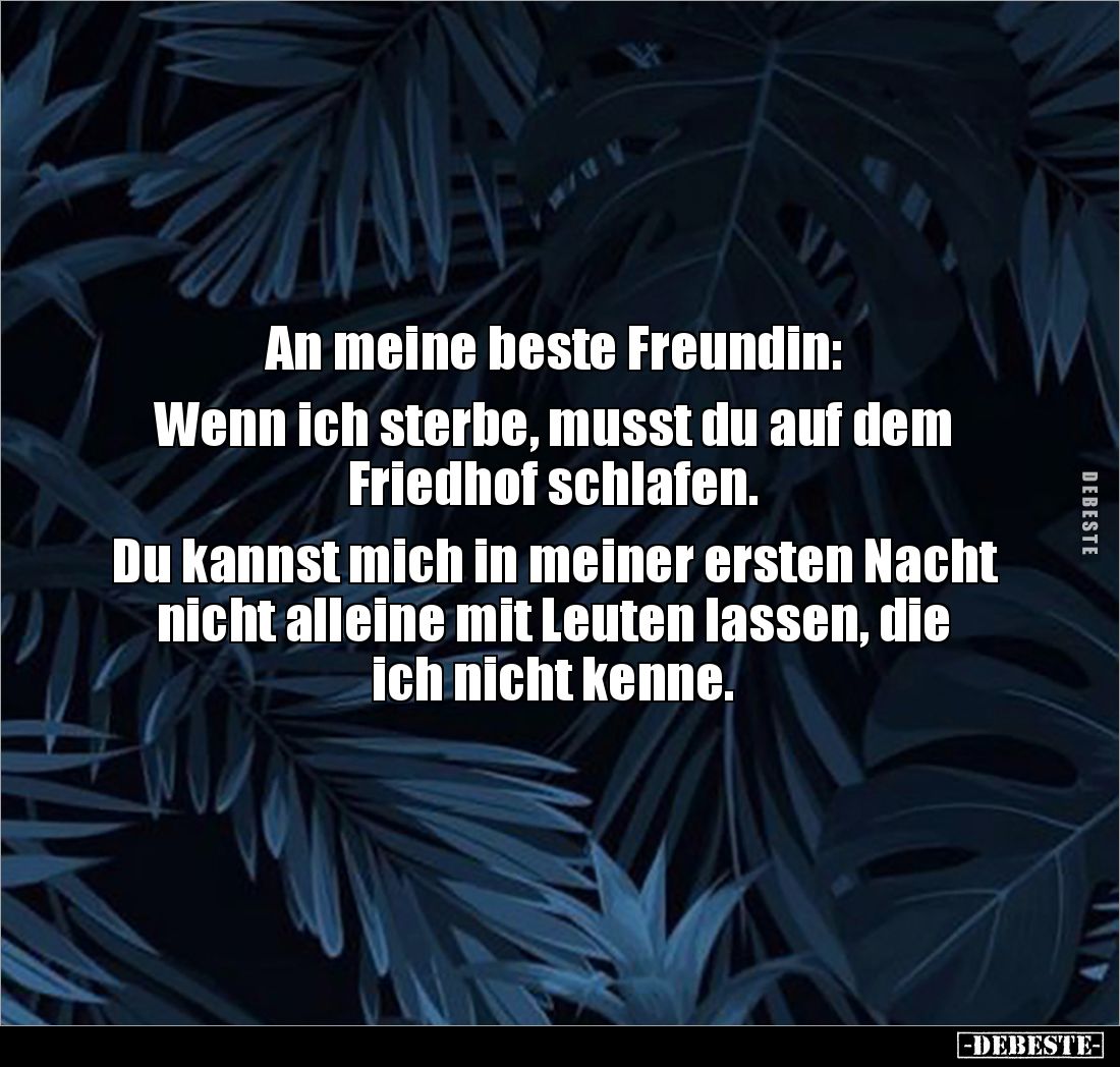 An meine beste Freundin:

Wenn ich sterbe, musst du auf dem Friedhof schlafen.

Du kannst mich in meiner ersten Nacht nic...