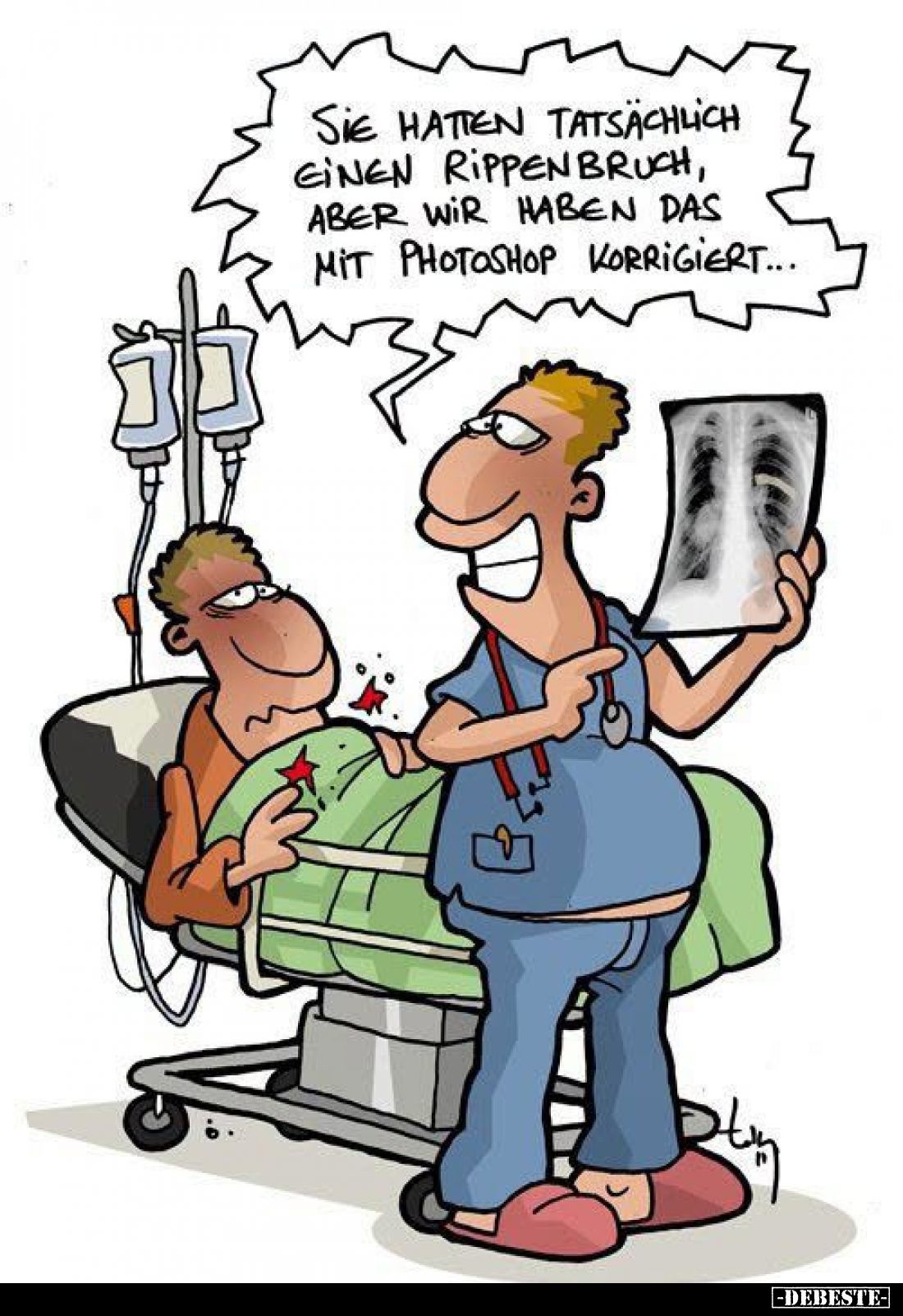 Sie hatten tatsächlich einen Rippenbruch, aber wir haben das mit Photoshop korrigiert...