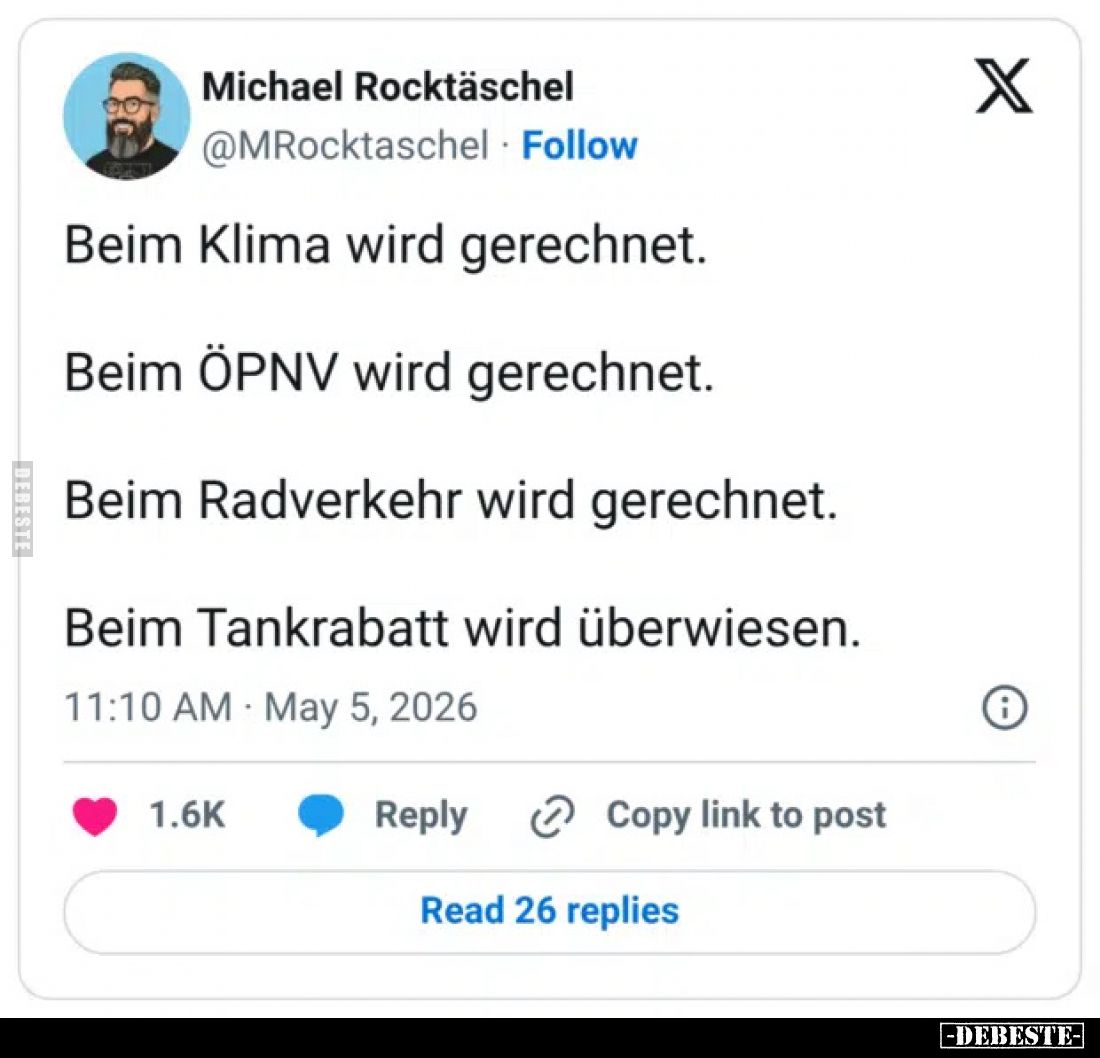 Beim Klima wird gerechnet.
Beim ÖPNV wird gerechnet.
Beim Radverkehr wird gerechnet.
Beim Tankrabatt wird überwiesen.