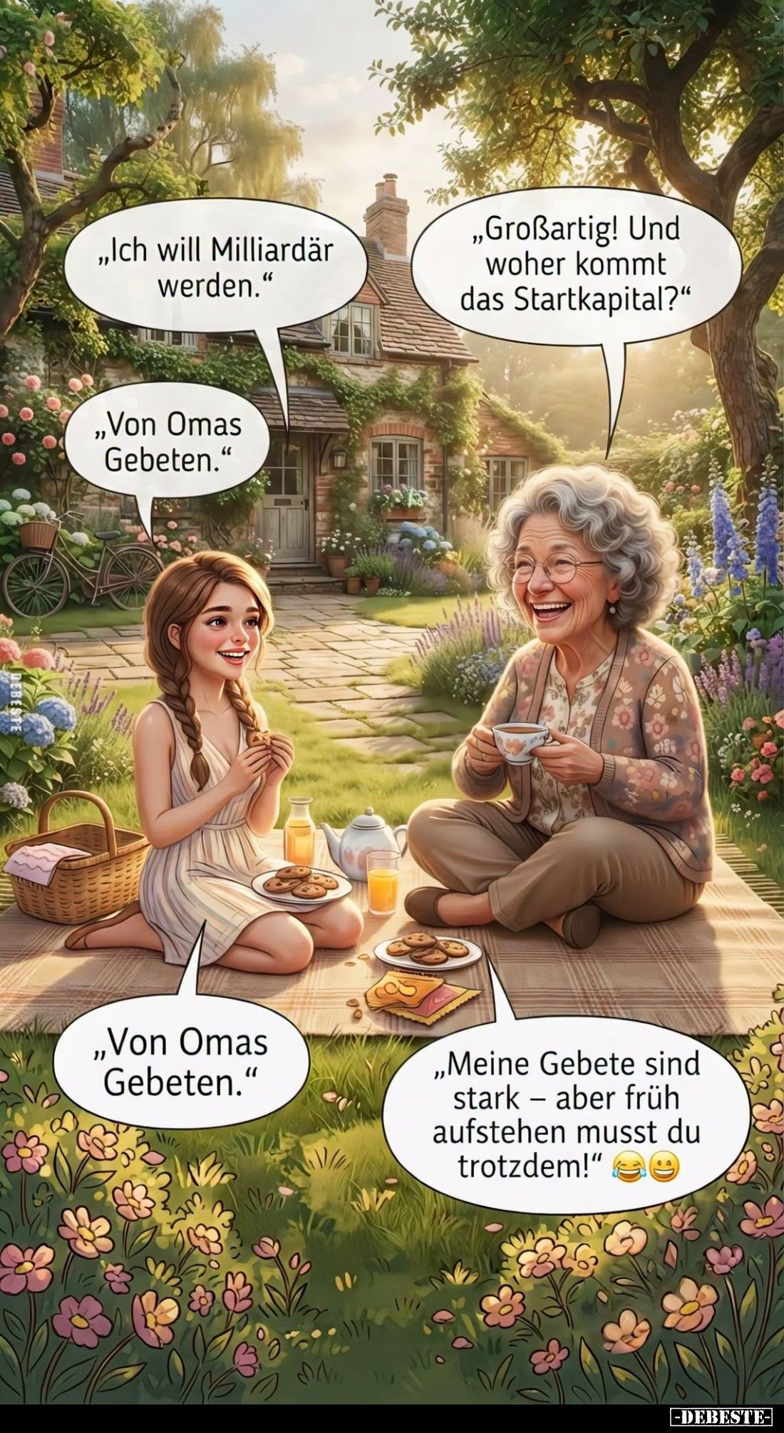"Ich will Milliardär werden." -
"Großartig! Und woher kommt das Startkapital?" -
"Von Omas Gebeten...