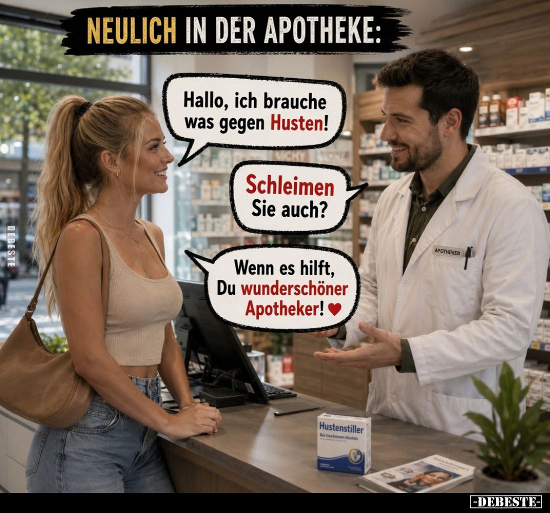 Neulich in der Apotheke:
Hallo, ich brauche was gegen Husten!

-
Schleimen Sie auch? -
Wenn es hilft, Du wunderschöner A...