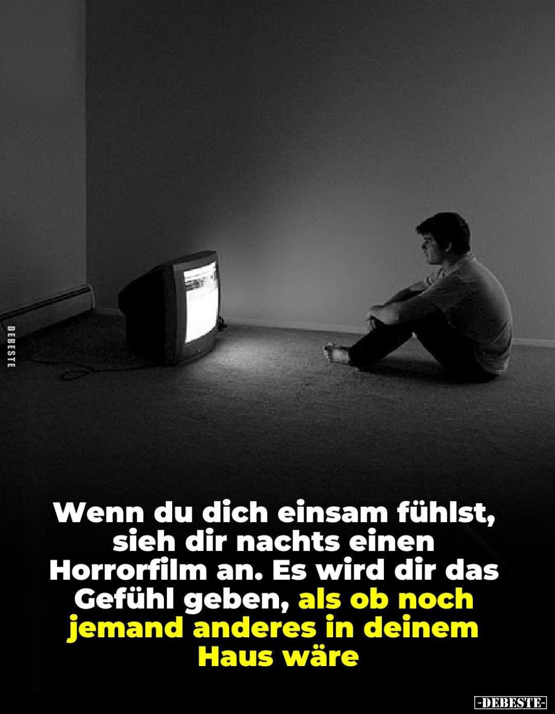 Wenn du dich einsam fühlst, sieh dir nachts einen Horrorfilm an. Es wird dir das Gefühl geben, als ob noch jemand anderes in ...
