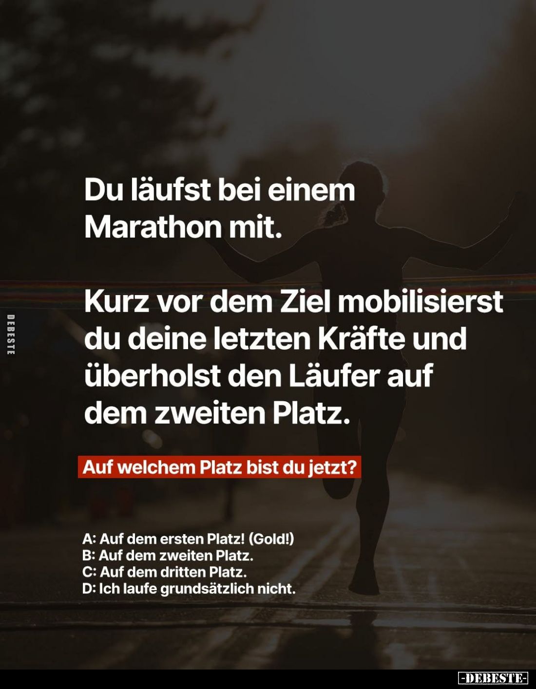 Du läufst bei einem Marathon mit.
Kurz vor dem Ziel mobilisierst du deine letzten Kräfte und überholst den Läufer auf dem zw...