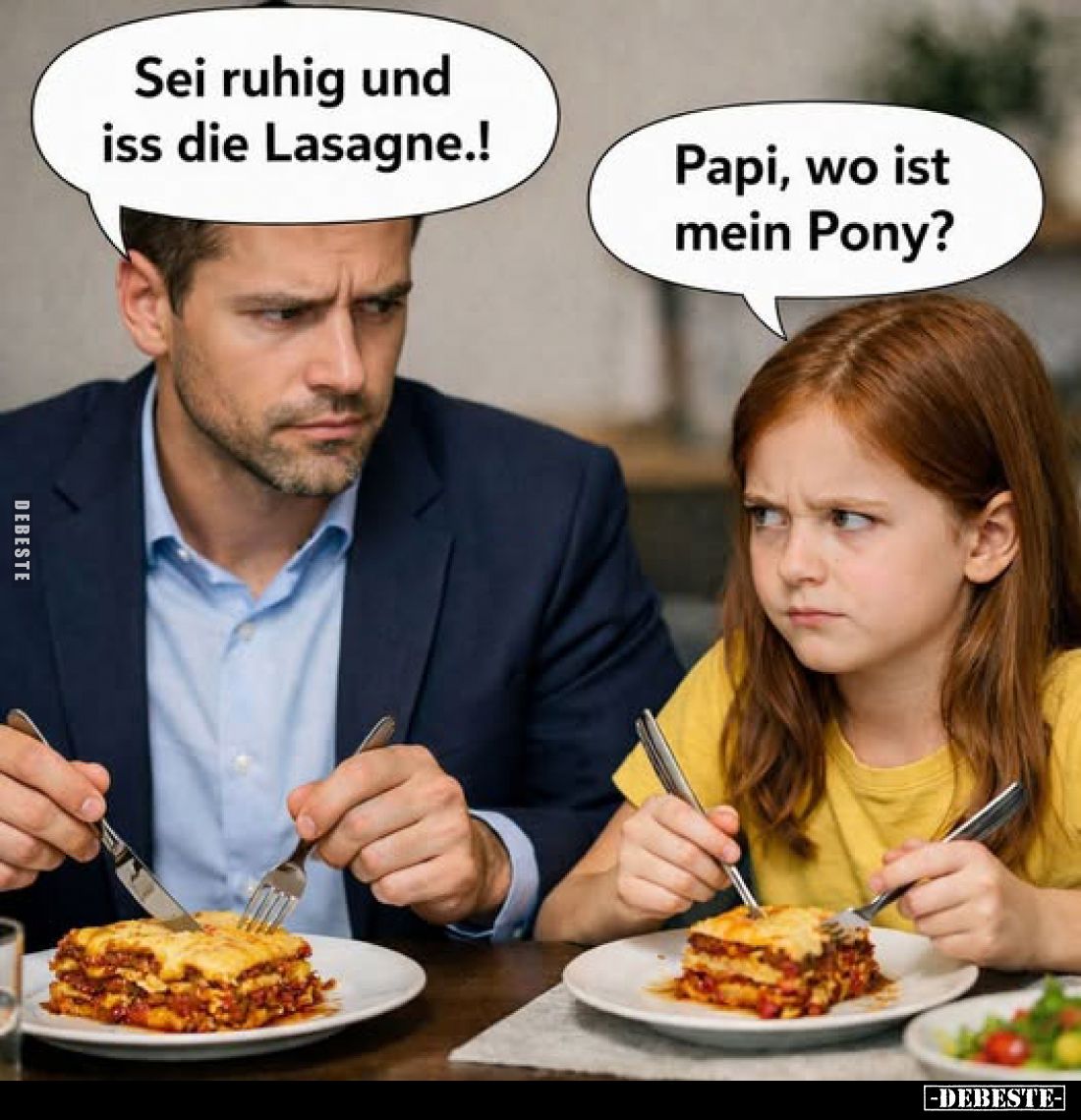 Papi, wo ist mein Pony? - Sei ruhig und iss die Lasagne.