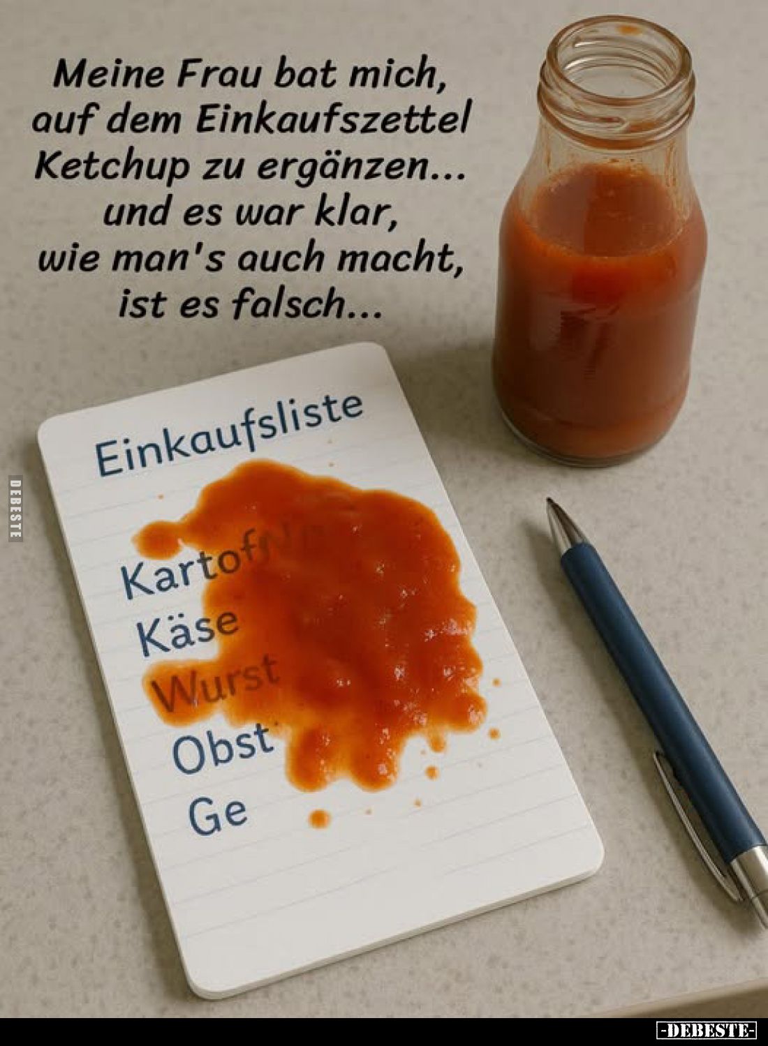 Meine Frau bat mich, auf dem Einkaufszettel Ketchup zu ergänzen... und es war klar, wie man's auch macht, ist es falsch...