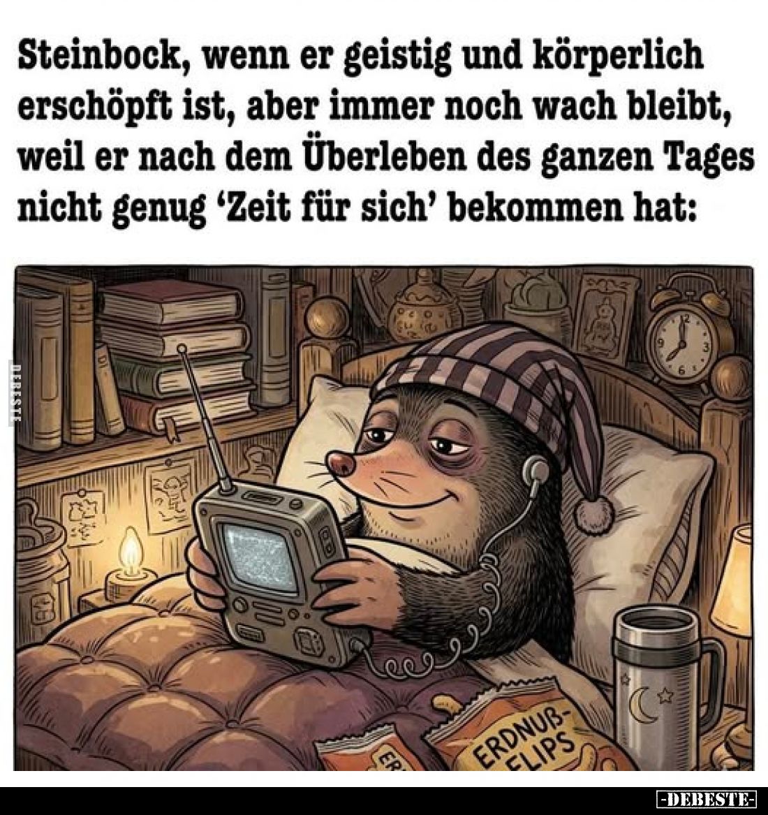 Steinbock, wenn er geistig und körperlich erschöpft ist, aber immer noch wach bleibt, weil er nach dem Überleben des ganzen T...