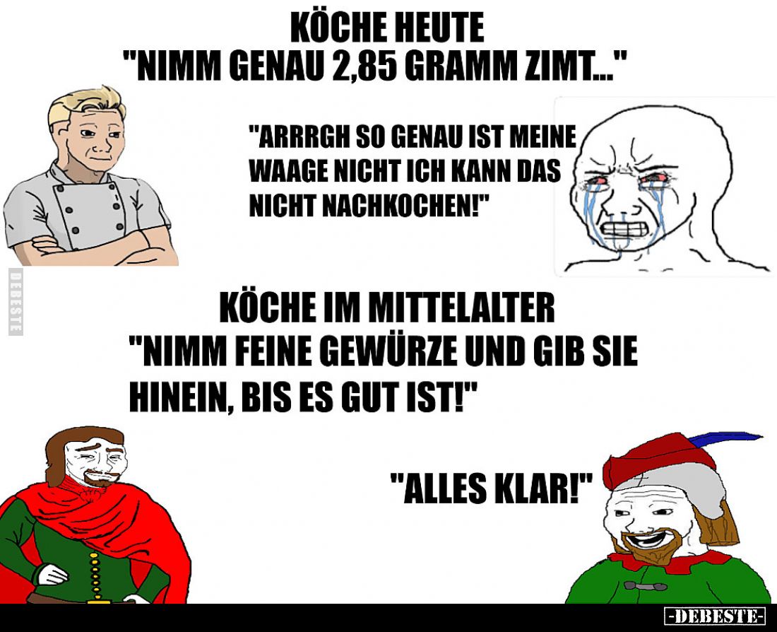KÖCHE HEUTE
"Nimm genau 2,85 Gramm Zimt..."

"Arrgrgh so genau ist meine Waage nicht! Ich kann das nicht na...