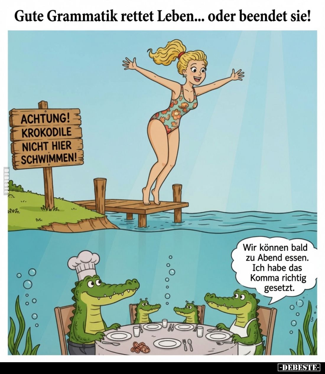 Gute Grammatik rettet Leben... oder beendet sie!
-
Wir können bald zu Abend essen.
Ich habe das Komma richtig gesetzt.