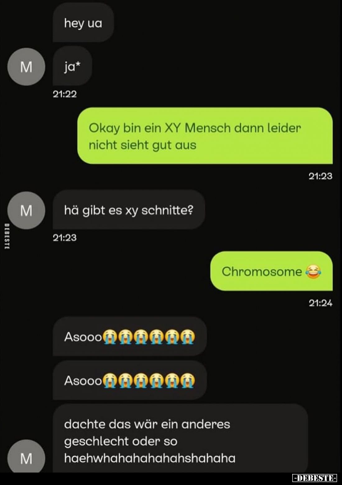 Okay bin ein XY Mensch dann leider nicht sieht gut aus.
-
Hä gibt es XY Schnitte?
-
Chromosome.
-
Asooo,
dachte das wä...