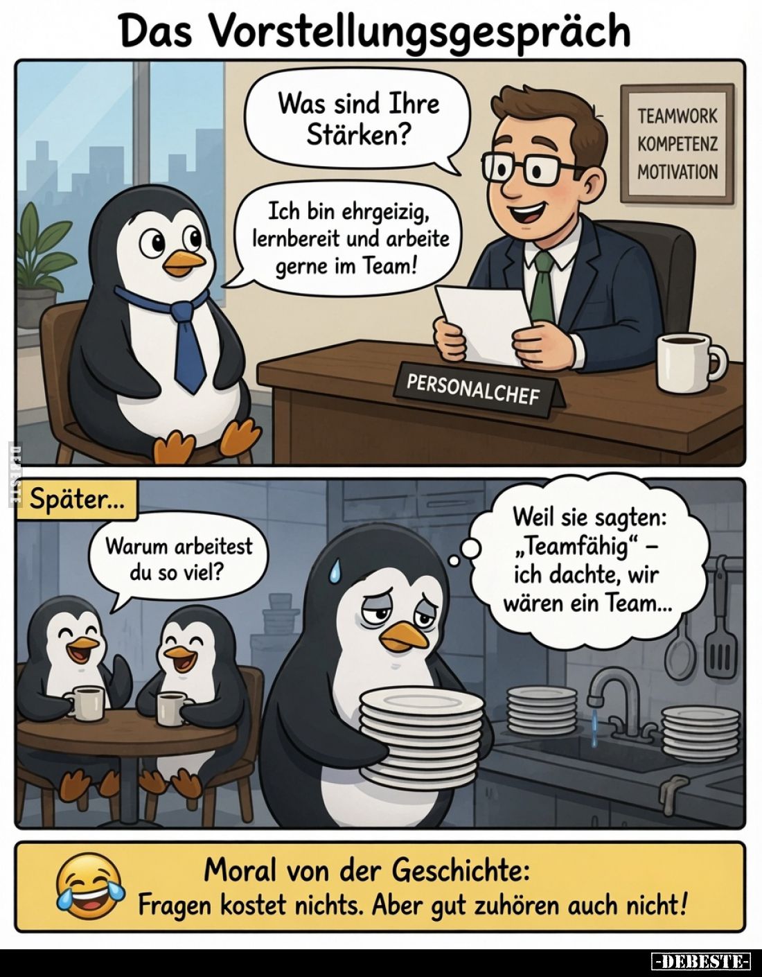 Das Vorstellungsgespräch
-
Was sind Ihre Stärken?
Ich bin ehrgeizig, lernbereit und arbeite gerne im Team!
Später...
War...