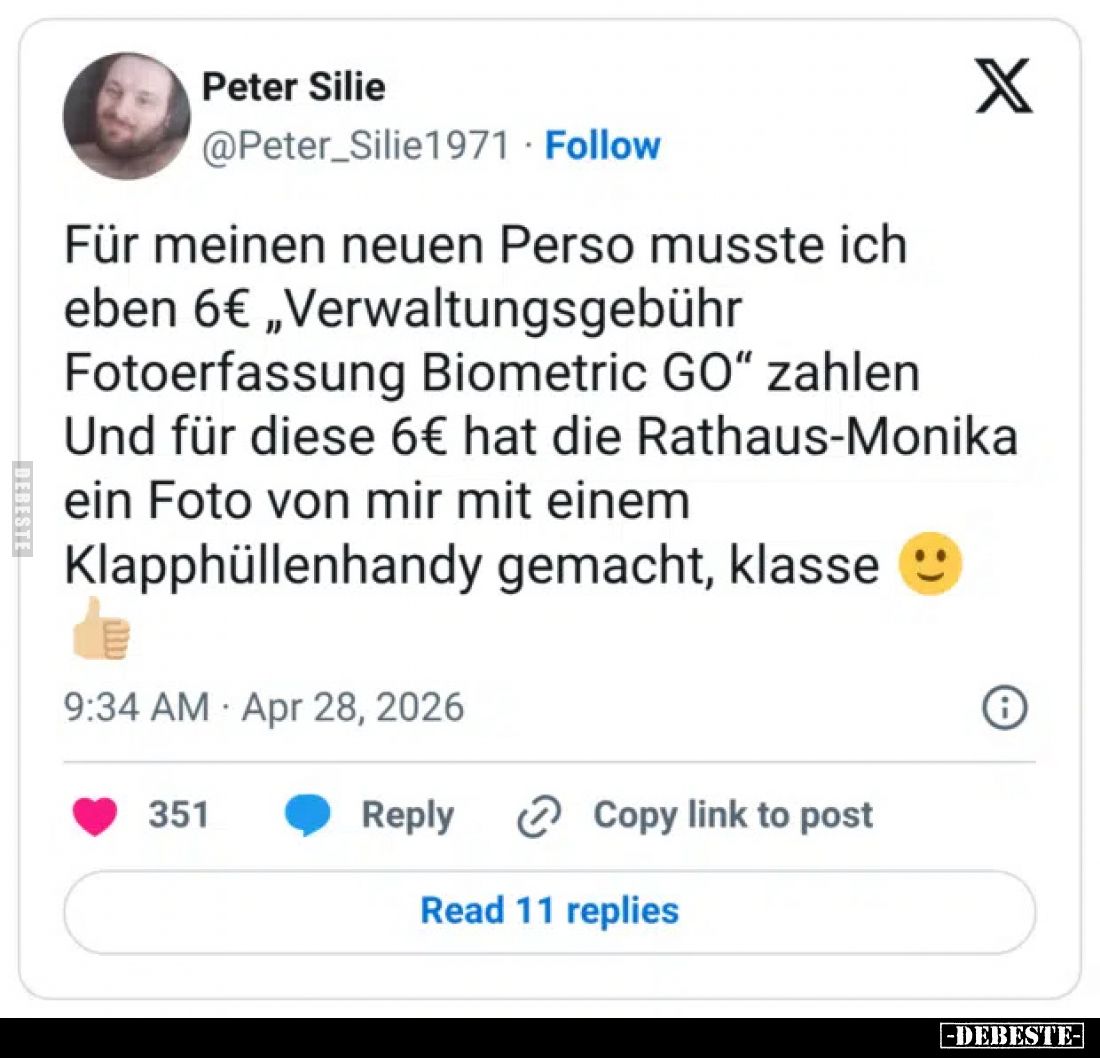 Für meinen neuen Perso musste ich eben 6€ „Verwaltungsgebühr Fotoerfassung Biometric GO“ zahlen
Und für diese 6€ hat die Rat...