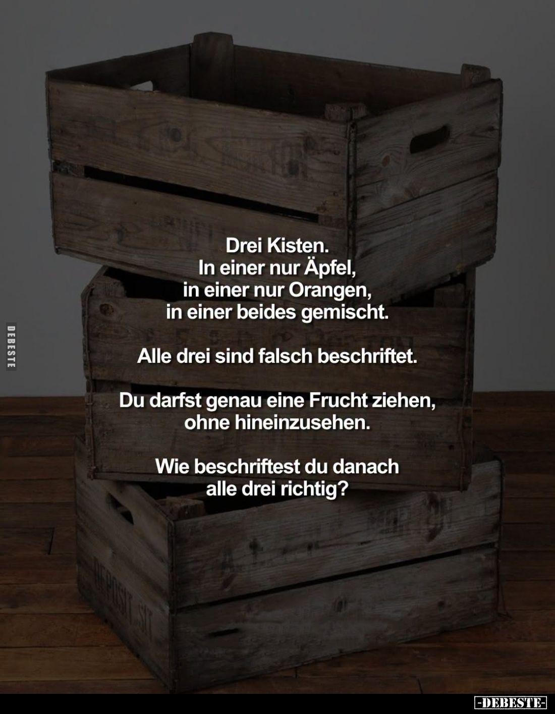 Drei Kisten.
In einer nur Äpfel,
in einer nur Orangen,
in einer beides gemischt.

Alle drei sind falsch beschriftet.

...