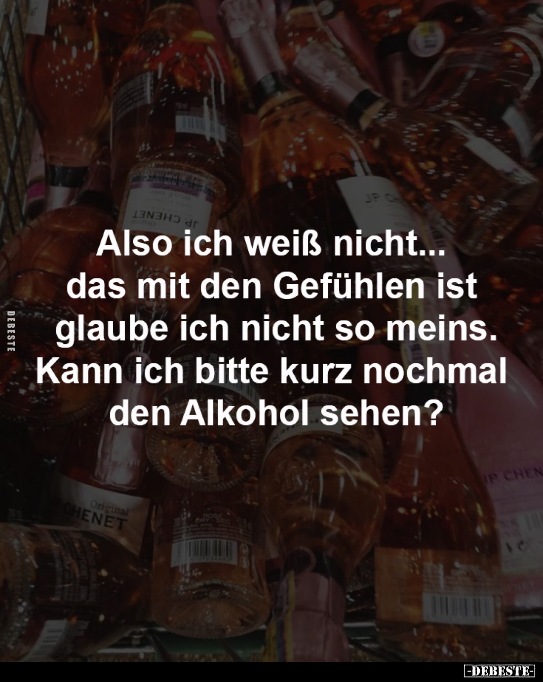 Also ich weiß nicht...
das mit den Gefühlen ist
glaube ich nicht so meins.
Kann ich bitte kurz nochmal
den Alkohol seh...