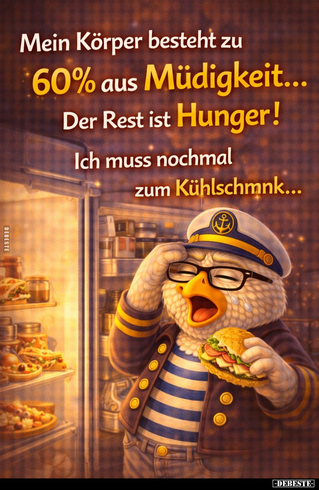Mein Körper besteht zu 60% aus Müdigkeit... Der Rest ist Hunger!
Ich muss nochmal zum Kühlschmnk...