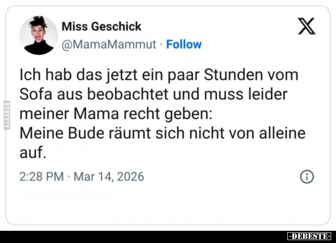 Ich hab das jetzt ein paar Stunden vom Sofa aus beobachtet und muss leider meiner Mama recht geben:
Meine Bude räumt sich ni...